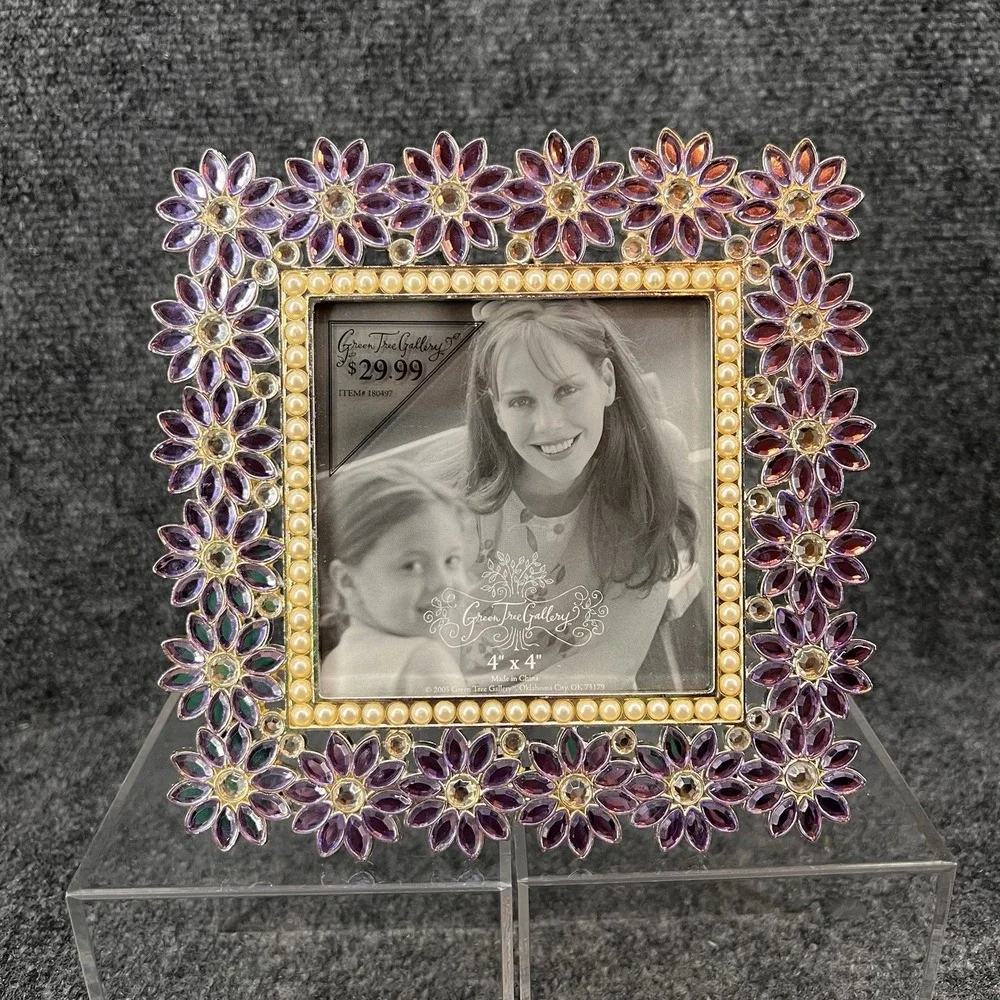 Purple Clear Flowers 4x4 Bejeweled Photo Frame Pearls Green Tree Gallery #180497